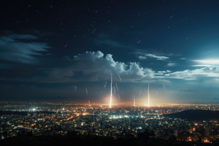 The war in the Middle East, several missiles in the sky. Explosion after rocket attack, combat operations. Abstract, blur image as background.の素材