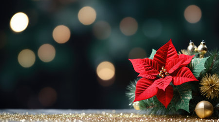 Close-up of traditional Christmas flowers, beautiful poinsettia on table indoors, space for text, greeting card.の素材