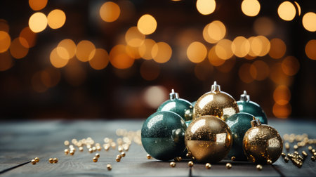 Greeting card with space for text, blue and gold Christmas balls lie on the rustic table, blue bokeh background.の素材