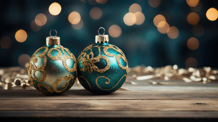 Two blue Christmas balls lie on the rustic table, blue bokeh background. Greeting card with space for text.の素材
