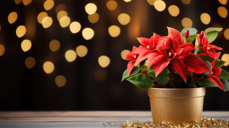 Traditional Christmas flowers, beautiful poinsettia on table indoors, space for text, greeting card.の素材