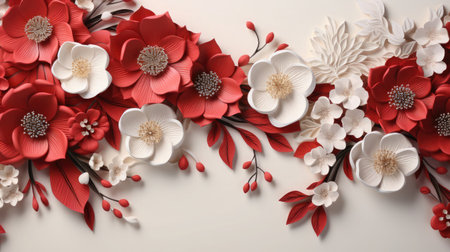 Greeting card with red and white floral artificial background.の素材