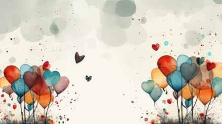 Watercolor greeting card with heart-shaped colorful balloons for Valentine's Day on light background, copy space.の素材