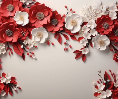 Greeting card with red and white floral artificial background, copy space.の素材