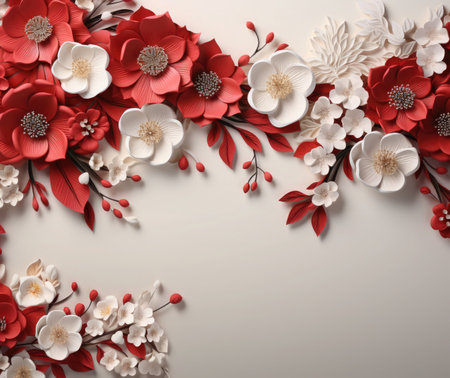 Greeting card with red and white floral artificial background, copy space.の素材