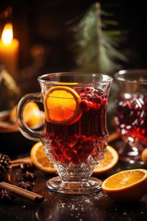 Christmas time, hot mulled wine in a glass, served rustically with lots of spices, sliced oranges and lemons and lots of little lights on the table.の素材