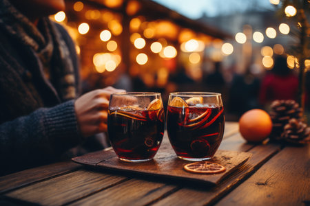 Two glasses of hot delicious mulled wine served with lots of spices and lemon slices on the table.の素材