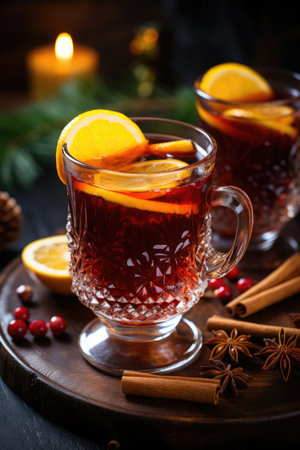 Hot Christmas mulled wine in a glass, served rustically with lots of spices, sliced oranges and lemons and lots of little lights on the table.の素材