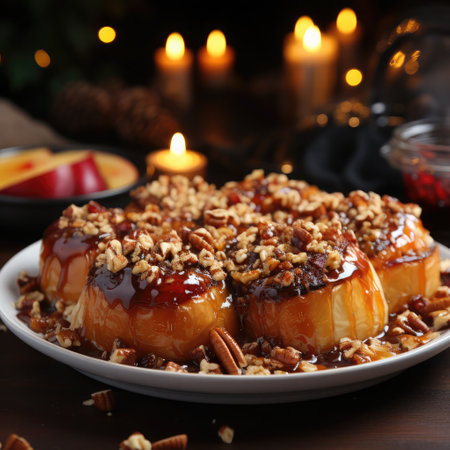 Traditional fruit dessert for Christmas, baked apples filled with nuts on a plate, copy space.の素材