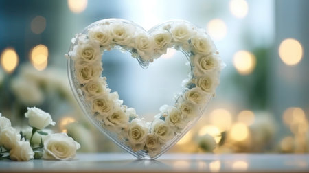 A transparent glass heart standing on a mirror surrounded by a wreath of fresh, fragrant roses, with a softly blurred background in pastel tones offering space for textの素材