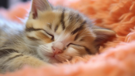 Sleeping kitten with striped fur on fluffy orange blanket, close up.の素材