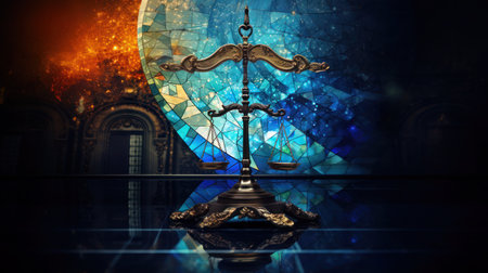 Antique bronze scales in front of a colorful mosaic window with dark blue and gold tones. close-up.の素材