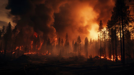 Force of nature in flames: A nighttime forest fire scenario unfolds, copy space.の素材