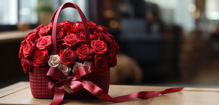 Elegant floral arrangement, a sea of ruby red roses in a festive presentation, banner, concept Valentine's Day or Women's Dayの素材