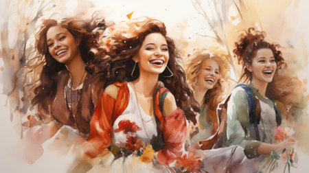 Exuberant joy: young girlfriends laugh in a vibrant watercolor of bliss, closeup.の素材