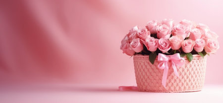 Delicate basket of pastel pink roses, decorated with a soft satin ribbon, banner, concept Valentine's Day or Women's Dayの素材