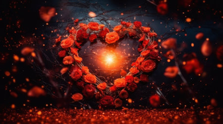Valentine's Day Heart: A glowing heart surrounded by glowing roses and lights, close up.の素材