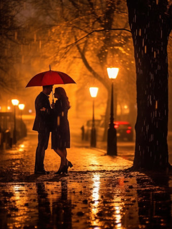 Silhouette of a young loving couple standing in the rain: tenderness under a red umbrella, Valentine's Day concept, copy space.の素材