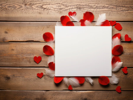 Blank page on the wooden background surrounded by heartfelt feathers for a love message for Valentine's Day, top view, copy space.の素材
