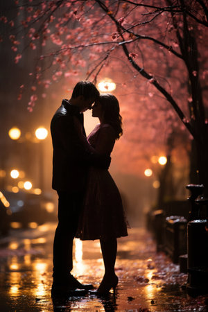 Evening meeting of a couple against an illuminated background with pink lights, copy space.の素材