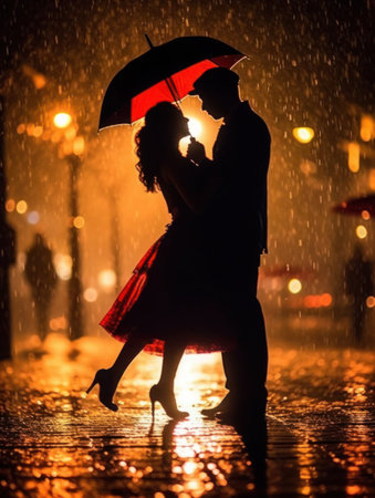 Silhouette of a young loving couple standing in the rain: tenderness under a red umbrella, Valentine's Day concept, copy space.の素材