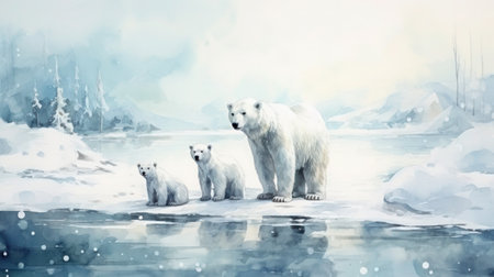 Mother's love in the Arctic: Polar bear guards her cubs on melting ice, watercolor, copy space.の素材