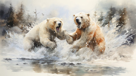 Confrontation in the wild: two polar bears in battle, water splashes, watercolor, copy space.の素材