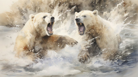 Wildlife dynamics: two roaring polar bears in an aggressive encounter, surrounded by spray, watercolor, close up.の素材