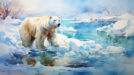 Water and ice: polar bear swims against the backdrop of snow-covered cliffs, watercolor, copy space.の素材