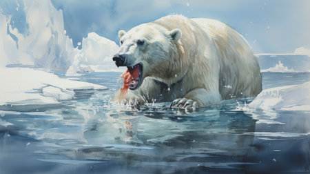 Arctic white giant on the hunt: polar bear has begged the prey., close up.の素材