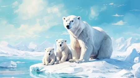 Female polar bear with cubs on an ice float, icy mountains in the background, watercolors, copy space.の素材