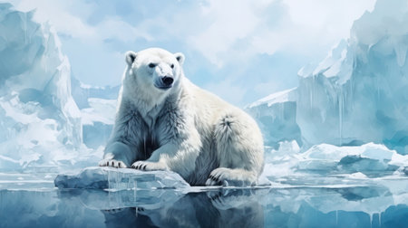 Lone polar bear looks out to sea surrounded by melting arctic ice, watercolor painting, space for textの素材
