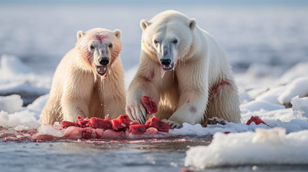 Two polar bears peacefully consume their prey on melting ice, copy space.の素材
