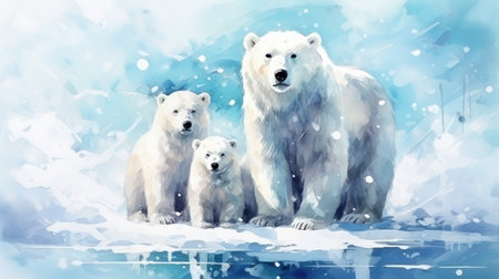 Family of polar bears on a disappearing ice rock against an arctic backdrop, watercolor, copy space.の素材
