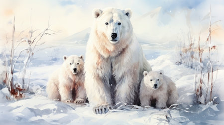 Protector in the winter forest: polar bear with two cubs under falling snowflakes, watercolor, closeup.の素材