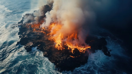 Fire meets the ocean: lava flows into foaming waves, close up.の素材