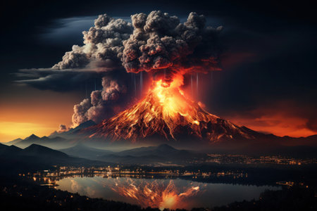 Apocalyptic spectacle: volcanic eruption with glowing lava flows and ash-covered skies.の素材