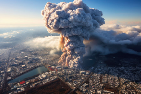 Huge ash column after explosive volcanic eruption pollutes sky over a city during daytime, copy space.の素材