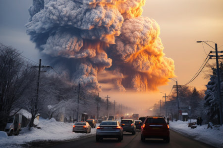 Winter escape from the forces of nature: traffic jams under a spectacular volcanic ash sky, copy space.の素材