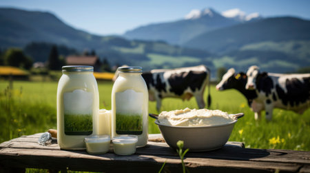 Fresh dairy products on a wooden table in front of grazing cows in the Alpine valley, copy space.の素材