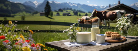 Organic dairy products on a rustic table in the middle of an idyllic Alpine landscape, organic food concept, copy space.の素材