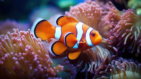 Colorful anemonefish or clownfish dancing with tentacled anemones in coral reef aquarium, close up.の素材