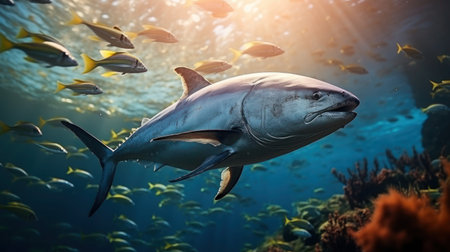 Majestic tuna glides through a school of yellow fish under rays of sunlight.の素材