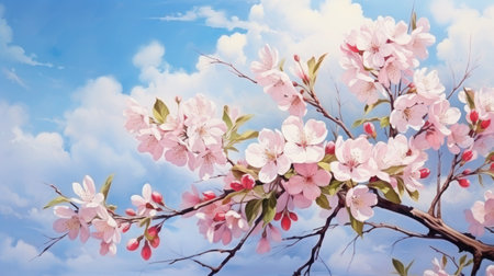 Spring dawn with delicate apple blossoms. Blooming apple tree branches against a clear blue sky, painted in watercolor technique.の素材