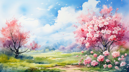 Spring splendor in a pastel-colored natural idyll. Vibrant pink blooming apple trees on a country lane, captured in delicate watercolor tones.の素材