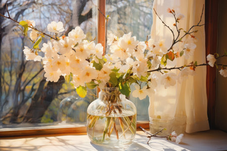 Spring light floods through apple blossom arrangements. Awakening blossoms in a water glass vase, captured in the golden morning light.の素材