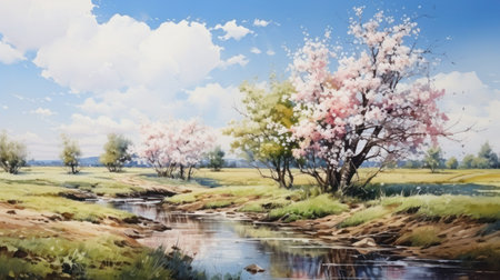 Apple blossoms on a peaceful river. Spring apple trees in full bloom along a gently meandering river, watercolor.の素材