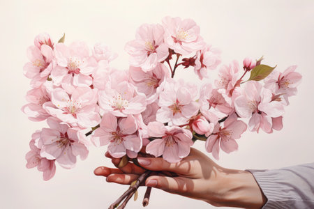 The beginning of spring caught in the hand. Delicate pink sakura cherry blossoms carefully held in a woman's hand, symbolic of renewal.の素材