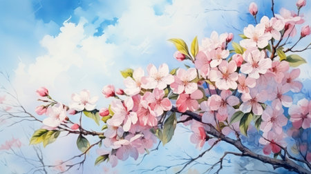 Spring dawn with delicate apple blossoms. Blooming apple tree branches against a clear blue sky, painted in watercolor technique.の素材