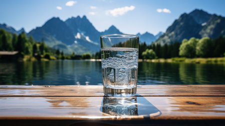Reflection of nature in the water glass. Clear water in a glass reflects the surrounding mountains and blue sky, symbolic of pure nature.の素材